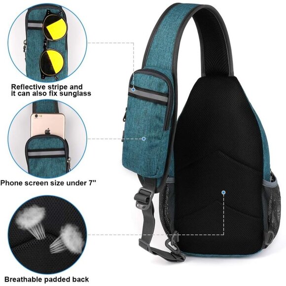 Waterfly Men Women Teal Blue Crossbody Adjustable Strap Hiking Sling Backpack - Picture 4 of 7